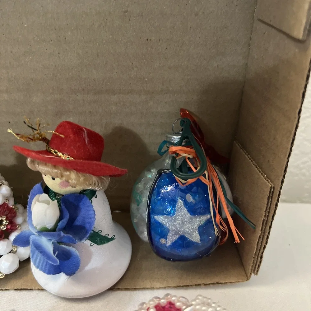 VTG Handmade Christmas Ornaments Bells Stained Glass Cross-stitched Angel Lot 12